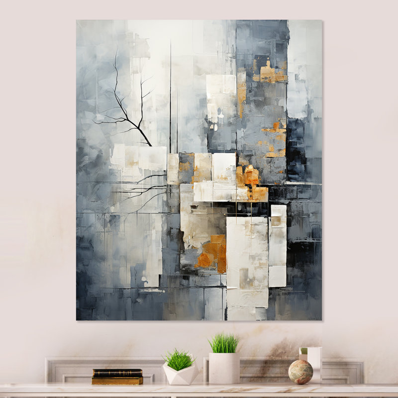 Gris et blanc, paysage urbain abstrait 3 - Collages abstraits, art mural en métal, H 20 po x l 12 po x P 1 po
