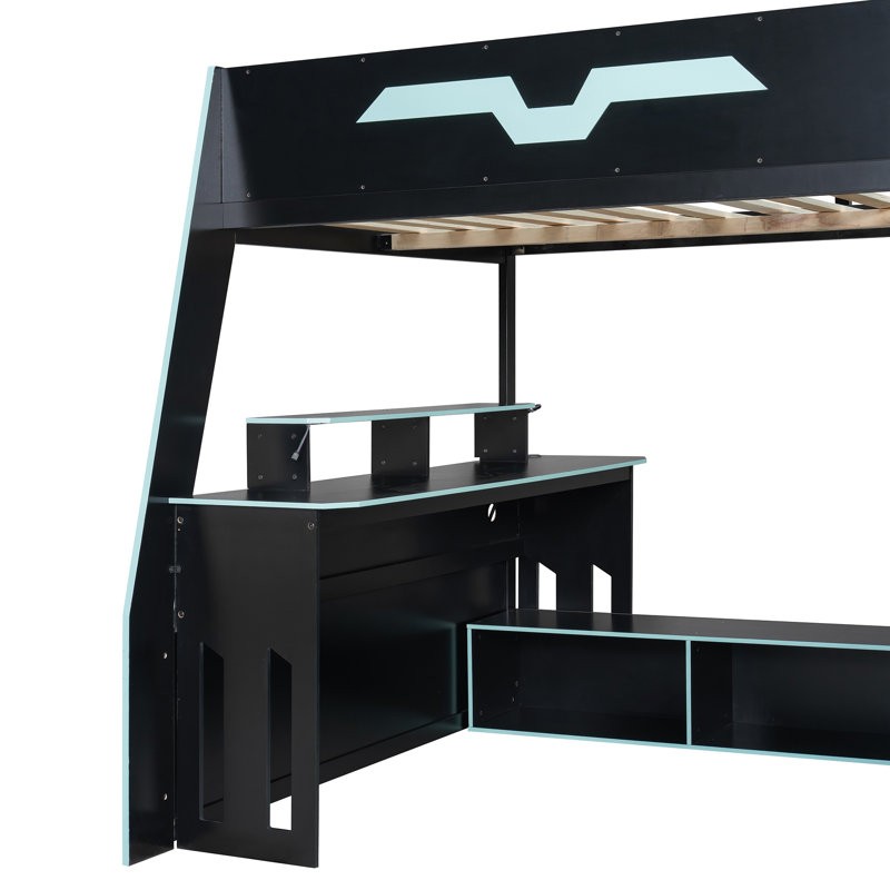 Lit mezzanine en bois avec bureau Yardley, tablettes multiples et éclairage RVB, Bleu