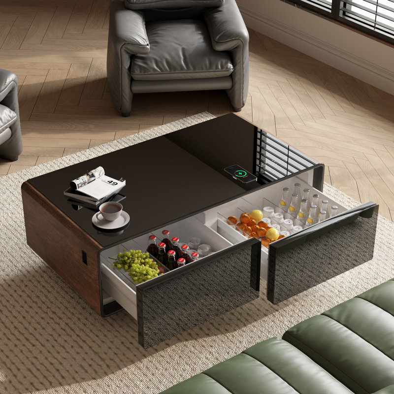 Table basse intelligente avec réfrigérateur 135L, chargement sans fil et haut-parleur Bluetooth, Noir / brun