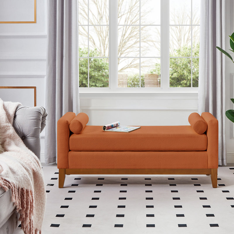 Grand repose-pieds rembourré en tissu Boucle avec coussins, banc de fenêtre rembourré confortable pour le salon, banc de vestibule orange