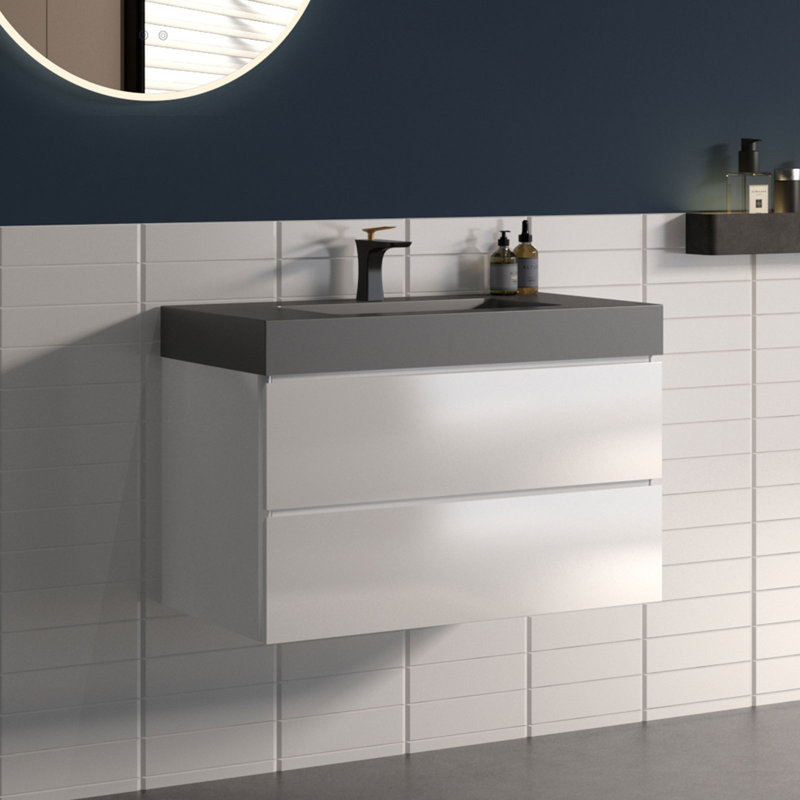 Meuble-lavabo mural simple de 30 po avec comptoir à surface solide avec trop-plein, pré-assemblé, Blanc lustré, Noir mat, 30"