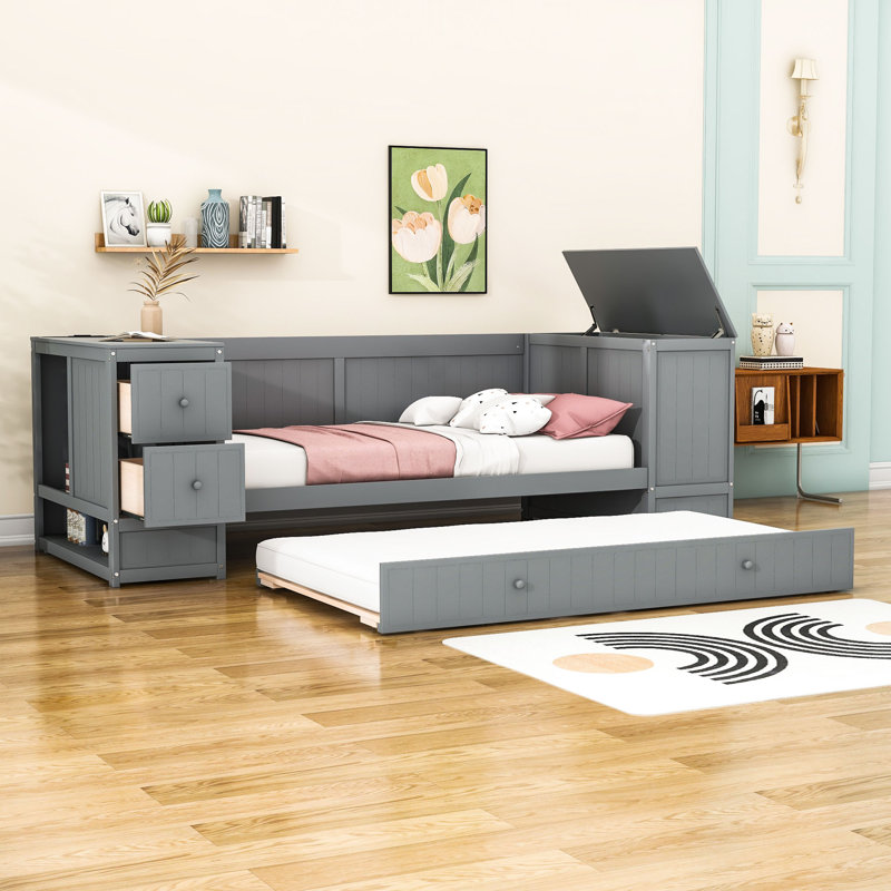 Djana Twin 2 Drawers Wooden Daybed with Trundle and Cabinets and Charging Station, Gray