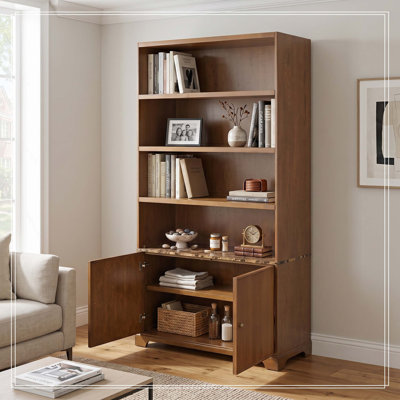 Grande armoire de rangement 91,1 "avec plateau de table en faux marbre, 3 tablettes ouvertes et portes doubles cannelées, bibliothèque autoportante en bois pour le salon et le bureau, noyer