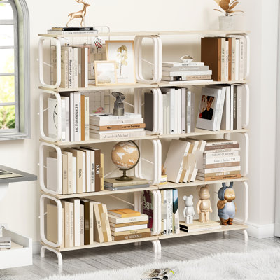 5 Tier Large Bookcase With Industrial Vintage Flair, White Metal Frame, Board For Home And Office Storage Bookshelf In Design,