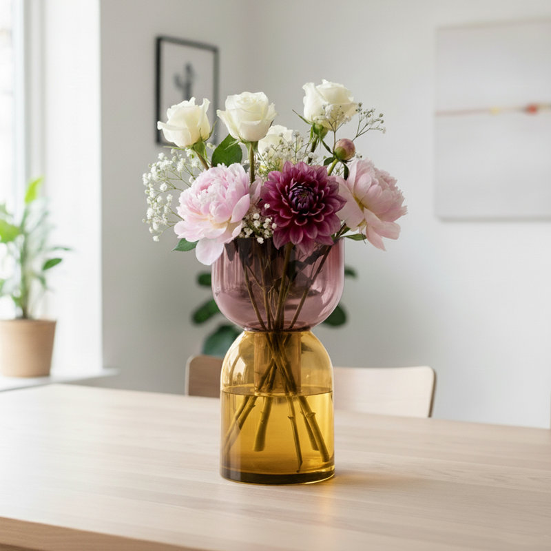 Vase en verre rose moyen et jaune, Rose / Jaune