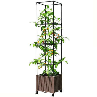 Raised Garden Bed With Trellis, Mobile Plant Cage With Self-watering System & Lockable Wheels For Tomatoes, Peas, Roses