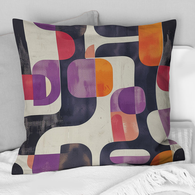 Coussin décoratif mauve orange géométrique rétro, H 18 po x l 18 po