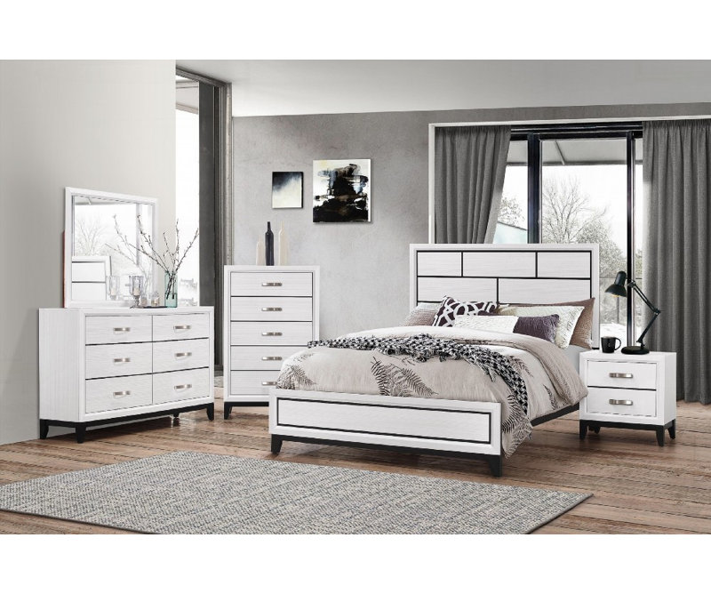 Lit double à profil bas avec motif géométrique et finition blanche (pas de sommier, bois durable), Lit double