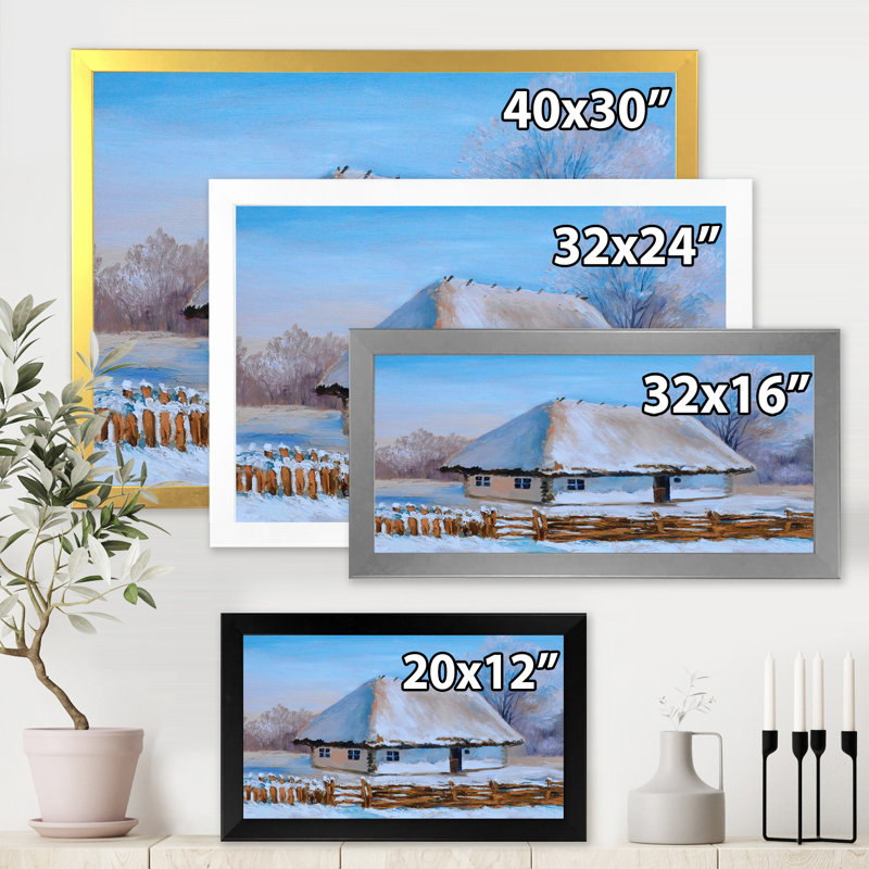 Maison de campagne traditionnelle recouverte de neige I - peinture sur toile, H 30 po x l 40 po x 1,5 po, Encadrement argenté