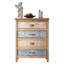 Commode 4 tiroirs avec finition en bois vieilli et détails à motifs, rangement pour chambre à coucher