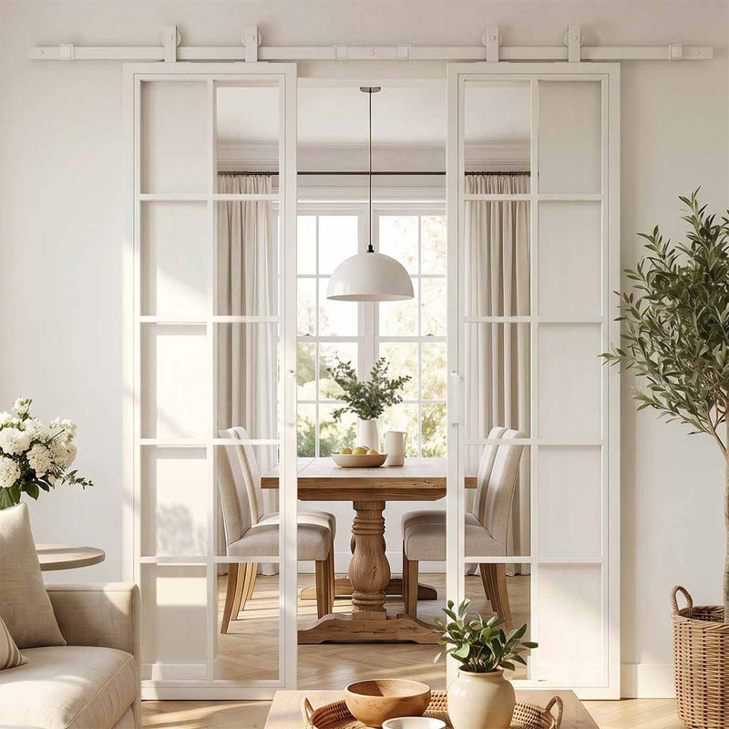 Double System Sliding Door with Black Frame Frosted Glass, 100cm X  210cm, White
