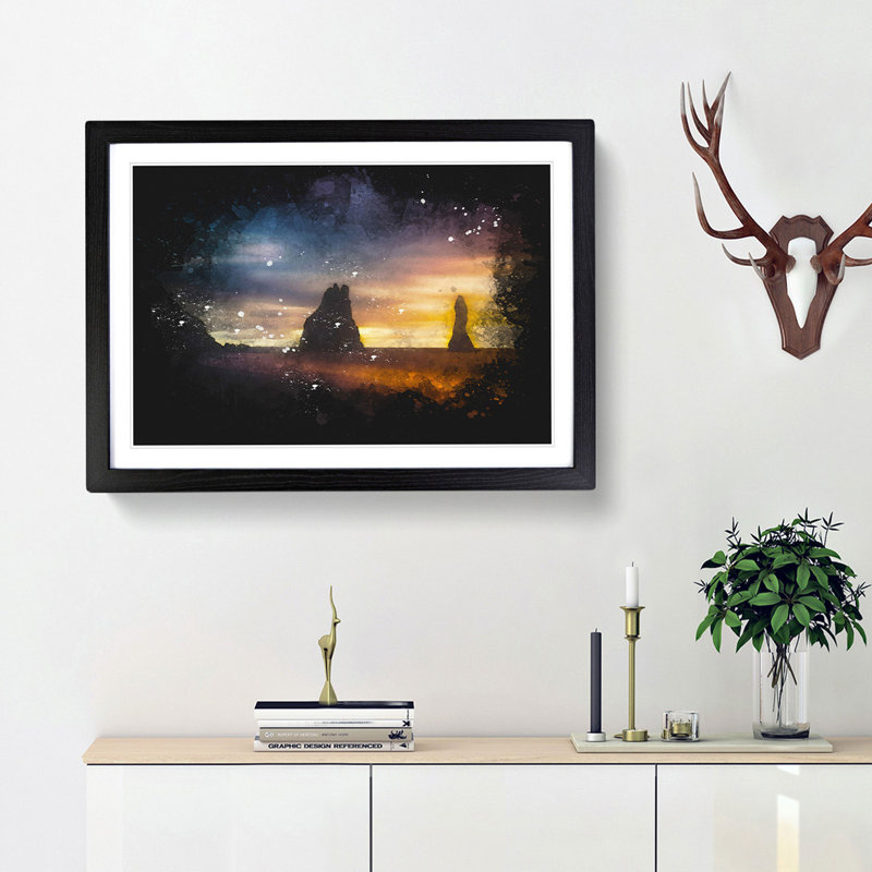 Beach In Vik Iceland Paint Splash - Picture Frame Graphic Art, 62cm H x 87cm W x 2cm D, Black Framed