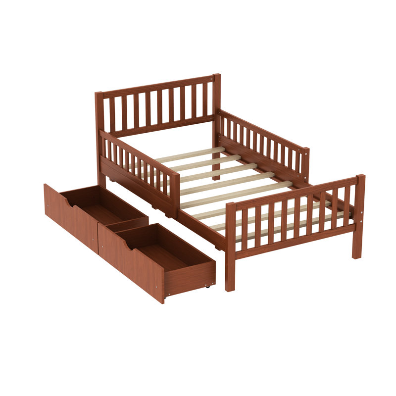 Lit simple, noyer, lit plateforme, garde-corps, tiroirs de rangement, conception simple pour le confort de la chambre à coucher, bois de pin massif léger, 8 supports en bois, option pour l'espace