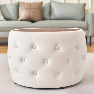 4-in-1 Nesting Storage Ottoman Set of 2, Round Coffee Table with Wood Lid, Velvet Footrest, Beige
