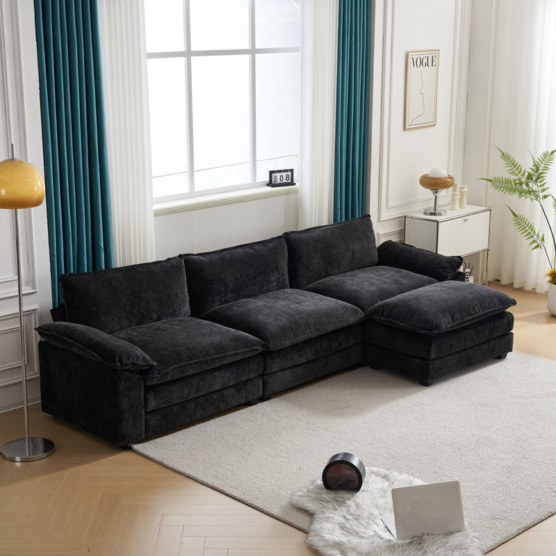 Avrilynn 120'' Upholstered Cloud Sofa&Couch with Ottoman, Black Chenille, 120"W x 32.3"D x 33.5"H (3-Seat)