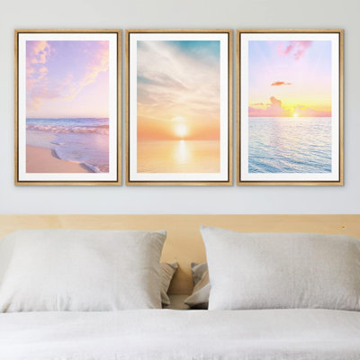 Coastal Beach "Purple Dawn Sunrise Ocean Waves Modern Nautical Framed Canvas Print 3 Pieces Wall Art