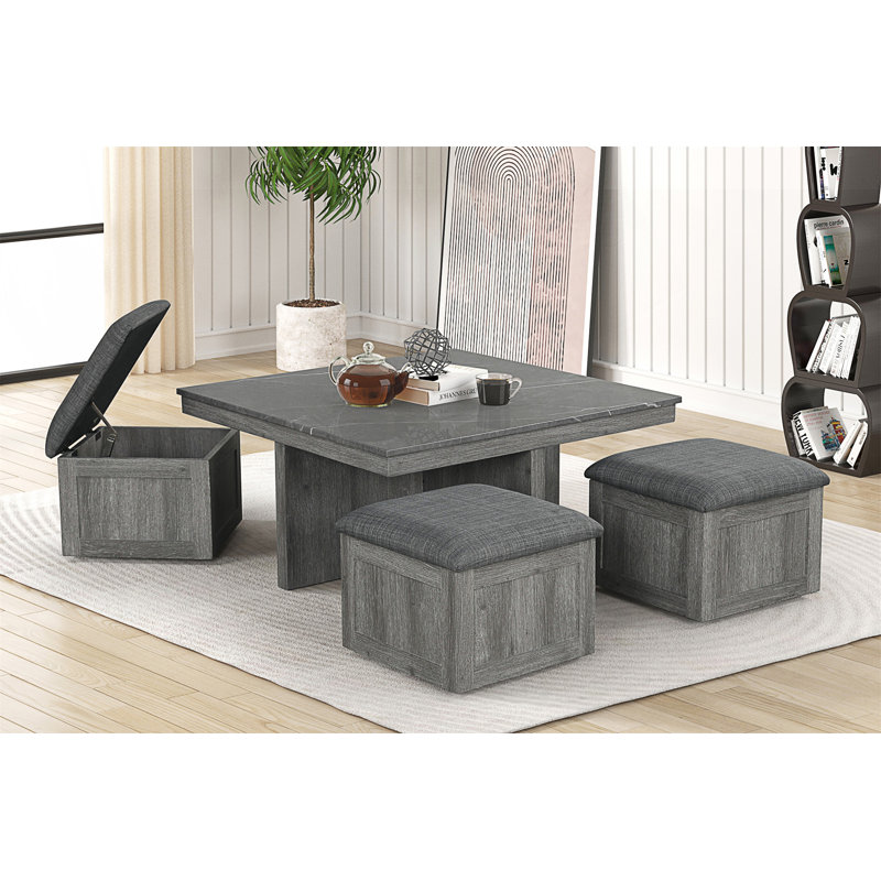 Ensemble de tables basses avec 4 tabourets de rangement, Gris