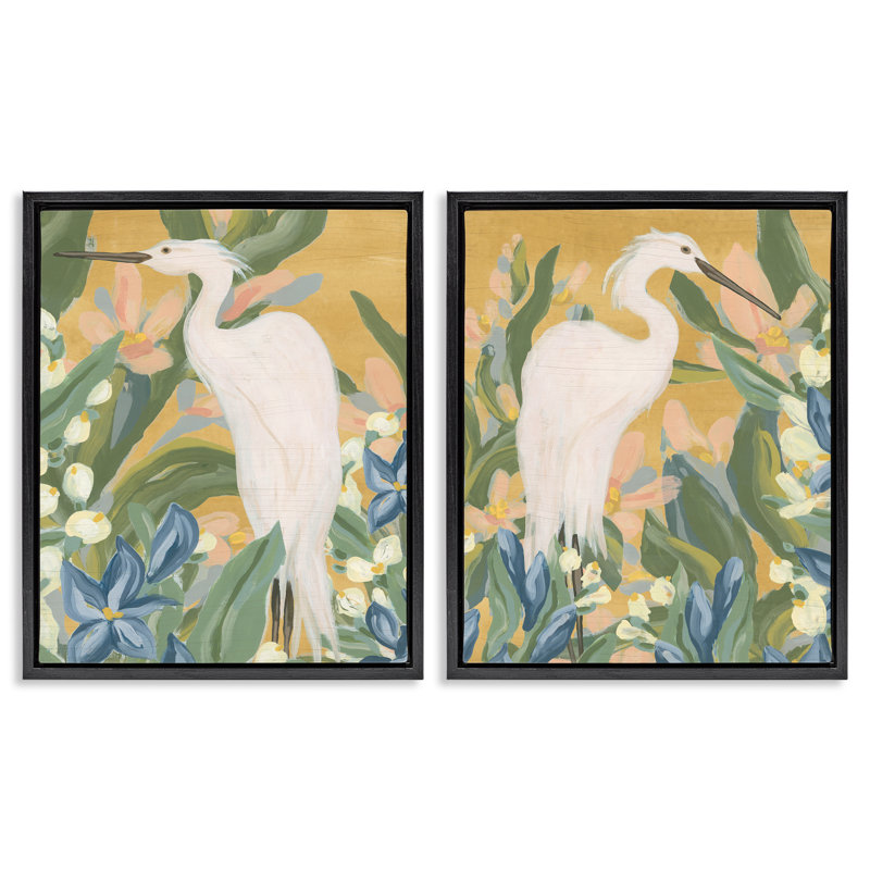 «Great Egret in Blooming Bushes», ensemble de 2 toiles flottantes encadrées par June Erica Vess, H 31 po x l 25 po