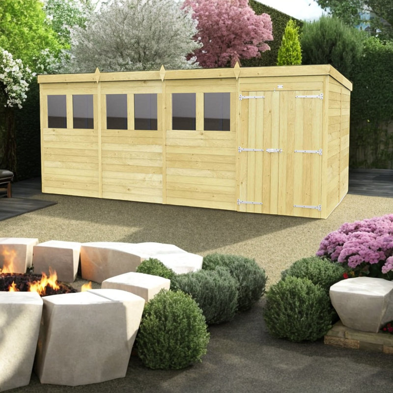 16ft x 8ft Pent Shed - Double Door with Windows