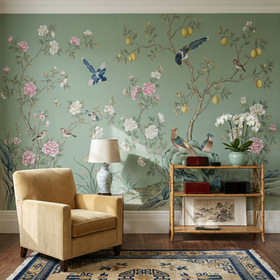 Chinoiserie Style Wallpaper Sage Green Background Birds In Flight Wall Mural