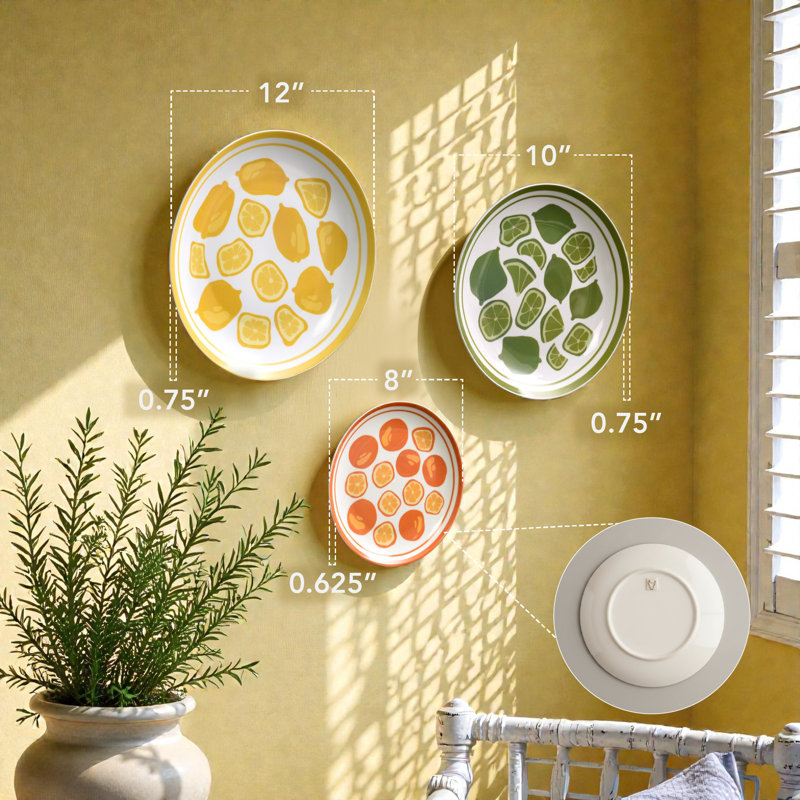  Fruit Wall Plate Set of 3 Ceramic Lemon Lime Orange Kitchen Decor