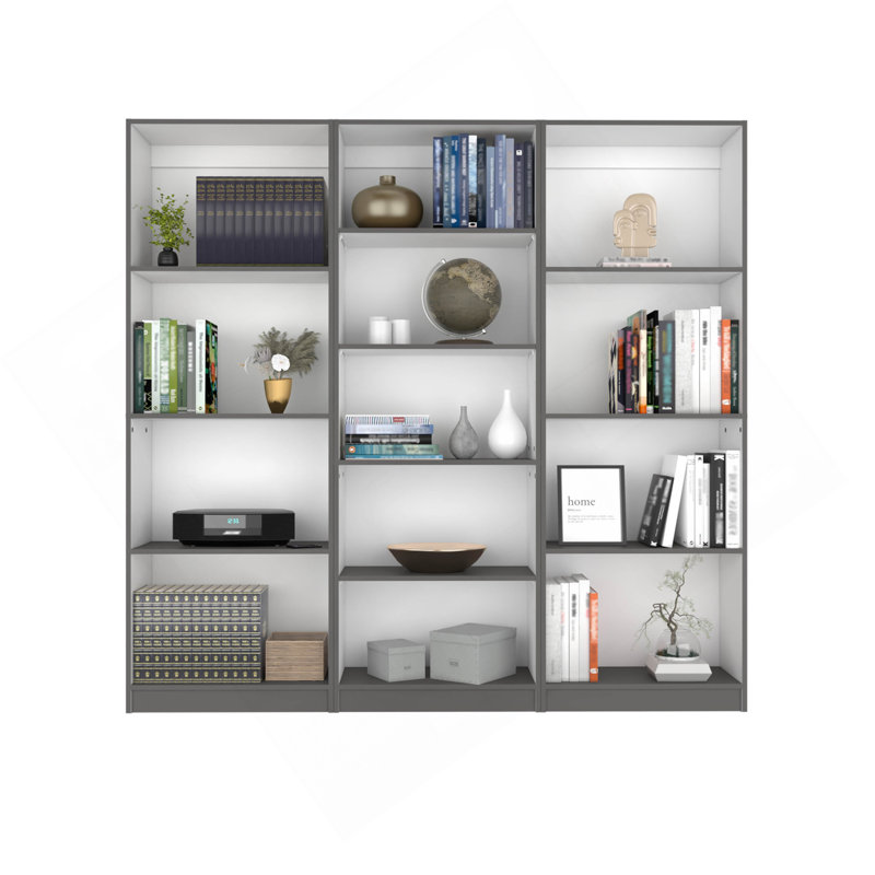 Ensemble de bibliothèque 3 pièces Lainor, 74 po de largeur avec 13 tablettes, ensemble de salon Gris mat - Blanc