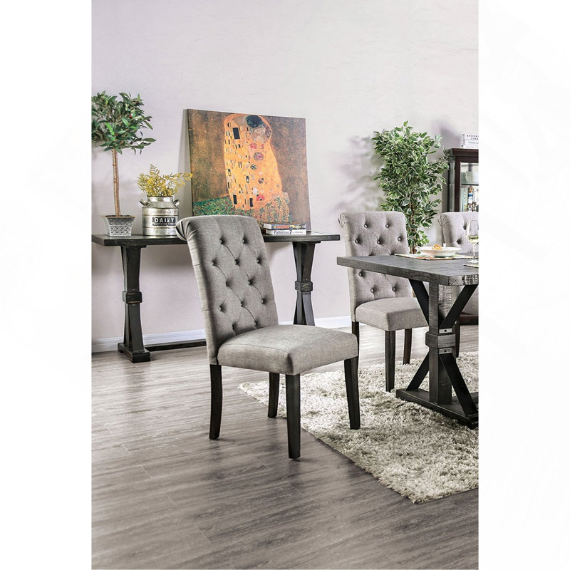 Ensemble classique de 2 chaises d'appoint capitonnées capitonnées en tissu de bois massif avec dossier à volutes, Gris clair