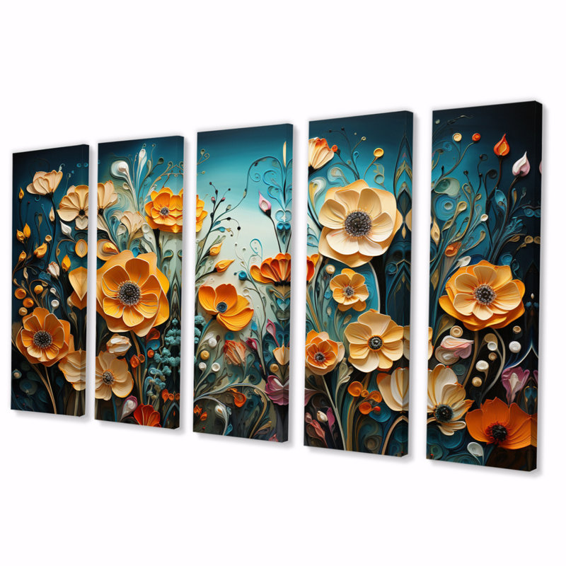 Fleurs jaunes fantaisistes - décoration murale florale - 5 panneaux égaux