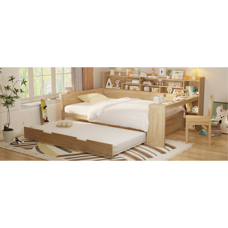 Lit de jour en bois naturel avec rangement polyvalent, lit gigogne et bureau pratique avec rangement, table pratique, Naturel
