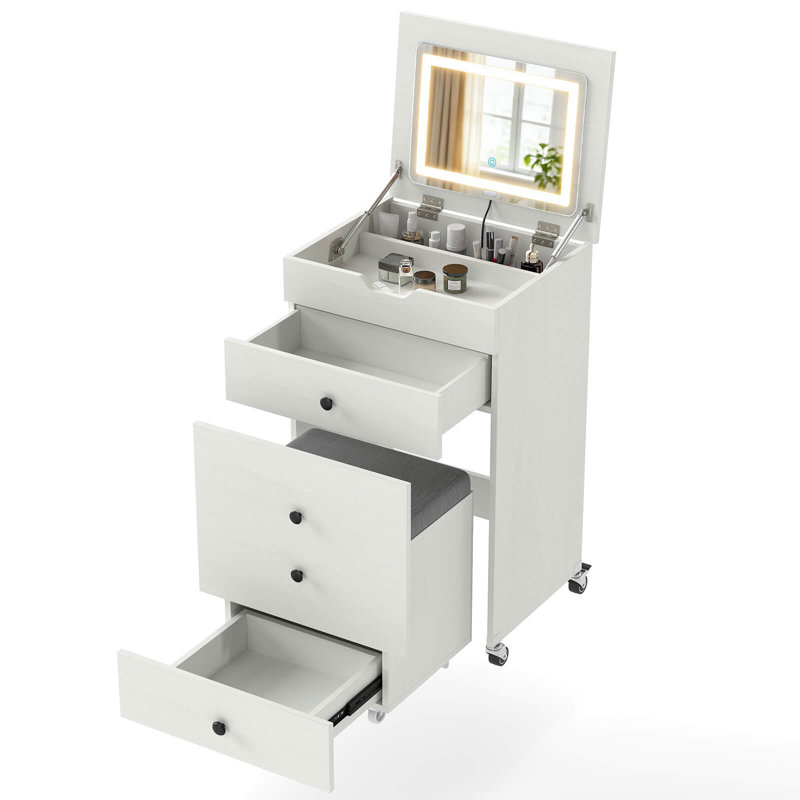 Petit ensemble de coiffeuse 3 en 1 avec miroir rabattable, lumières, tiroirs, tabouret de rangement blanc
