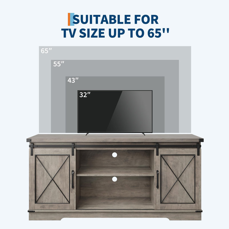 Meuble télé 59 po Farmhouse avec armoires de rangement et tablettes ouvertes, Gris