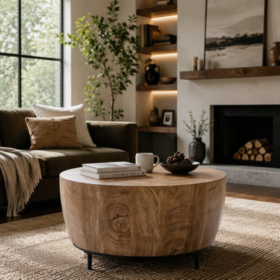 Round Drum Coffee Table with Removable Height‑Increase Bracket, Faux Wood Finish (MDF) - 11.61" H, 29.5" W, 29.5" D
