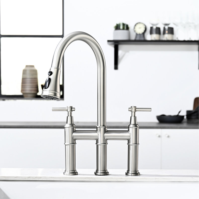 Robinet de cuisine rétractable en nickel brossé, 3 trous, 2 poignées, poignées de robinet d'évier de style classique moderne, nickel