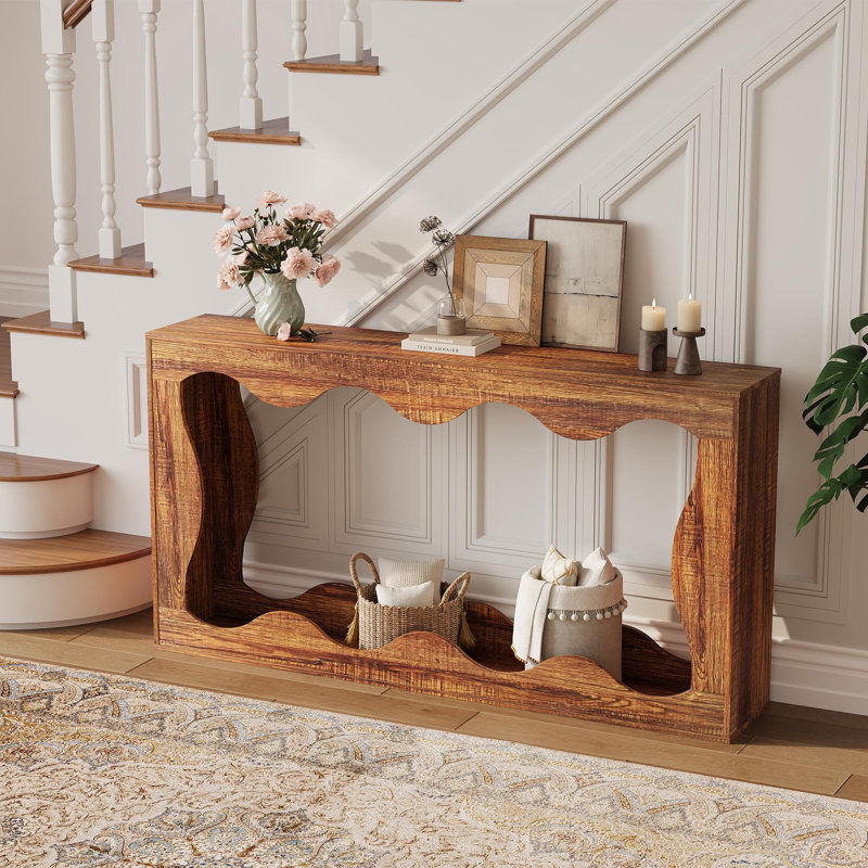 63" Farmhouse Console Table for Entryway, Behind Sofa, Hallway, Living Room, Scalloped Design, Brown