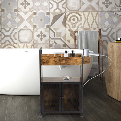 3-Tier Salon Trolley, Rolling Beauty Stylist Cart With Cabinet, Dryer Holders, Charging Station, Salon Spa Bathroom, Rustic Brown