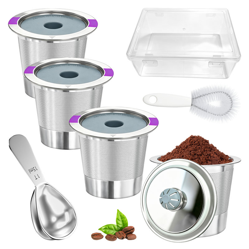 Ensemble de 4 filtres à café réutilisables, capsules de café rechargeables en acier inoxydable, comprenant une cuillère doseuse, une brosse de nettoyage et une boîte de rangement pour cafetières à dosettes individuelles.