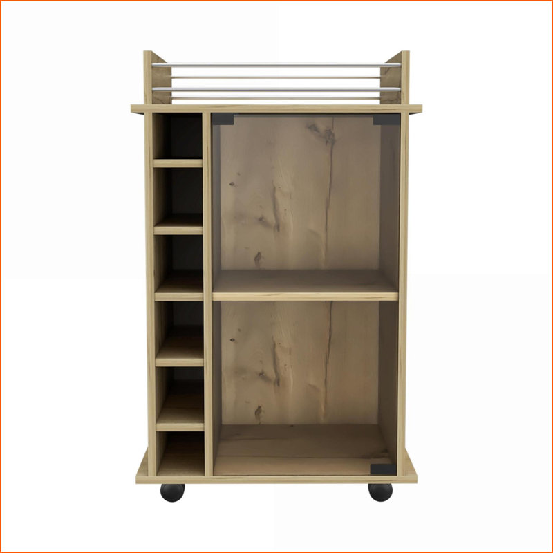 Chariot-bar Dukat avec deux tablettes, six casiers à vin et roulettes verrouillables - Chêne clair | Moderne | Rectangulaire