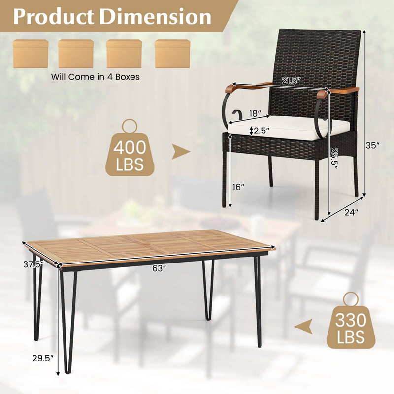 7 Pieces Dining Set w/ Acacia Wood Dining Table Rattan Armchairs Soft Cushions