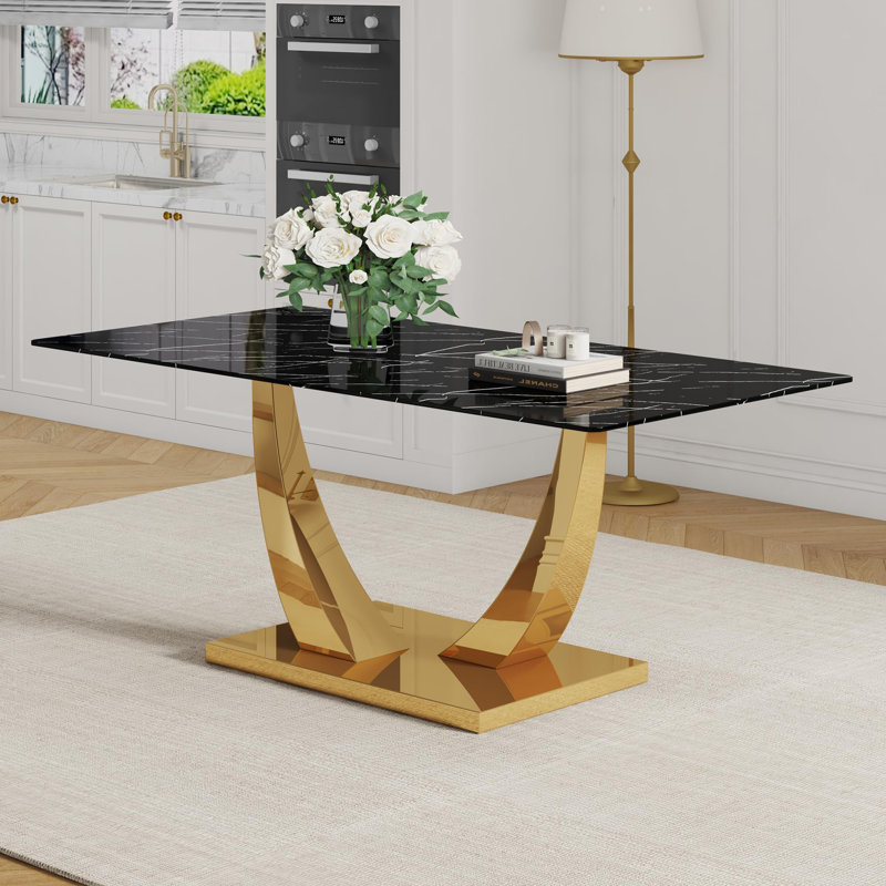 Table de salle à manger noire 71 po, table de salle à manger en faux marbre avec pieds chromés, pieds en forme de U, structure robuste