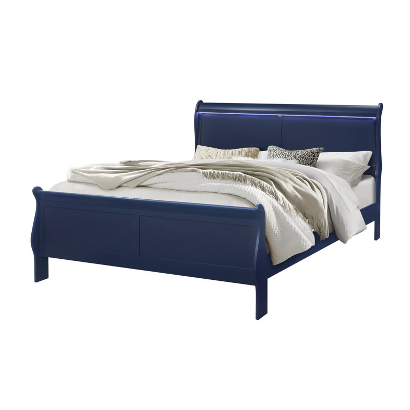 Blue King Bed With Led Lights, Solid Wood Transitional Blue - +