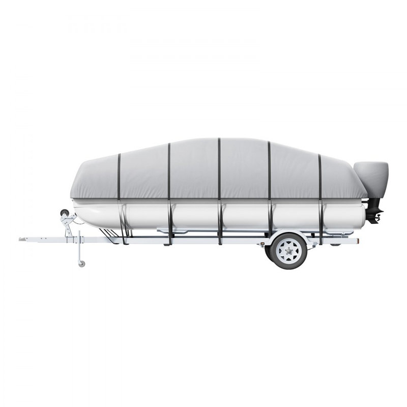 Pontoon Boat Cover, Waterproof Trailerable Pontoon Cover, 800D Marine Grade PU Oxford Fabric, with Motor Cover, 16 Windproof Buckle Straps, Grey