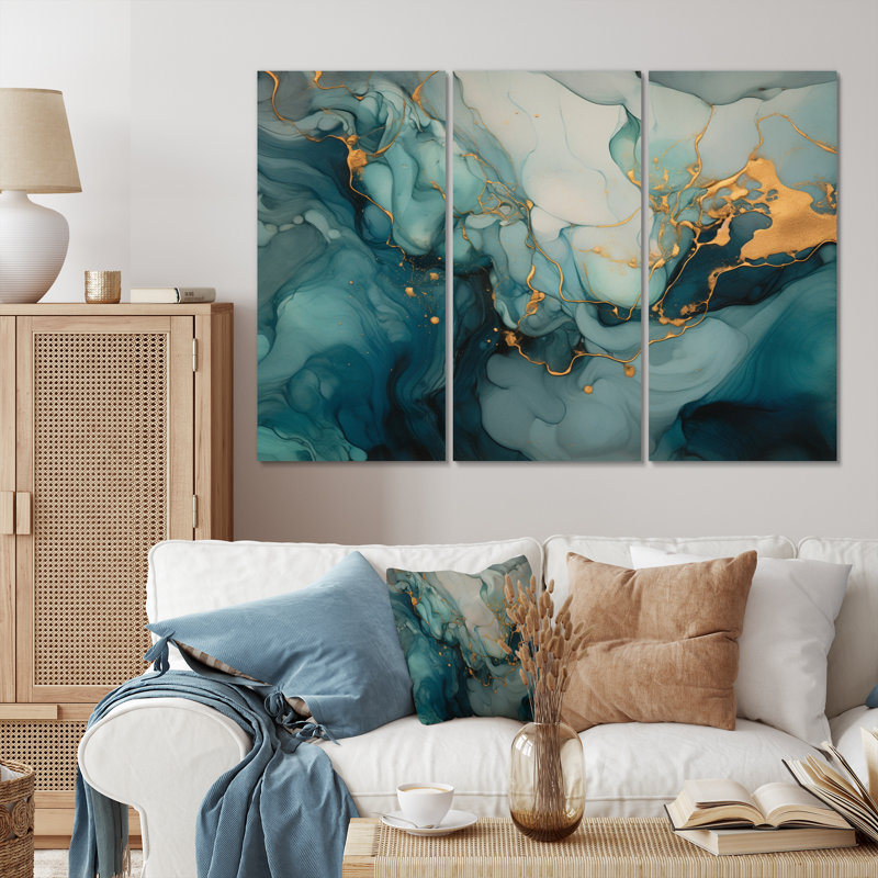 Marbre infusé d'or turquoise I 3 pièces, H 28 po x l 36 po x P 1 po