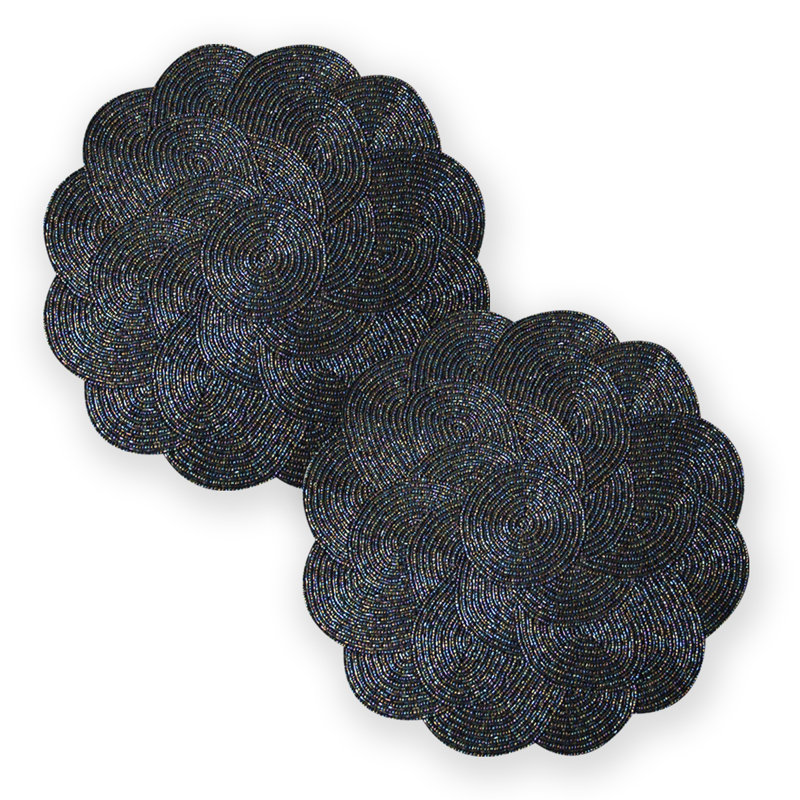 Meribelle Round Beaded Placemats Set of 2 Handmade Floral Table Mats for Elegant Christmas Decor, Black