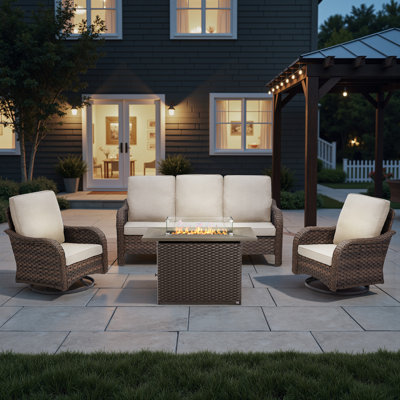 4 Piece Patio Furniture Set With 43" Fire Pit Table - Wicker Patio Conversation Set With Swivel Rocker Chairs And Sofa For Deck Outside Backyard Brown