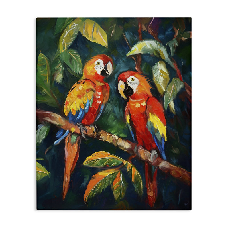 «Perroquet paire sur branche» par Ramona Murdock, H 30 po x l 24 po x P 1,5 po