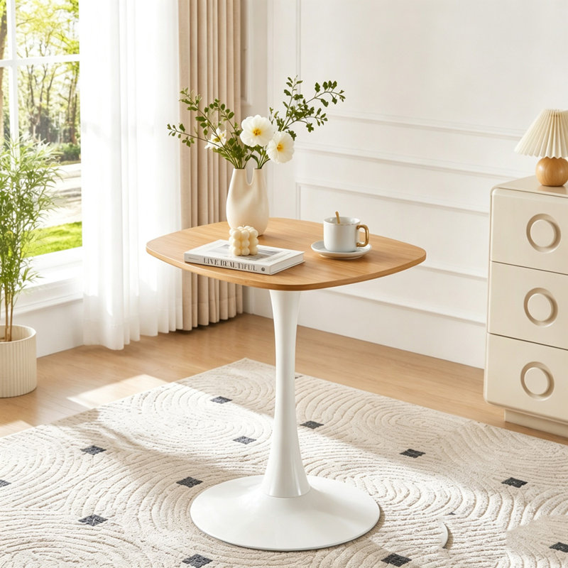 Table tulipe carrée 24 pouces avec base en métal, Blanc et chêne