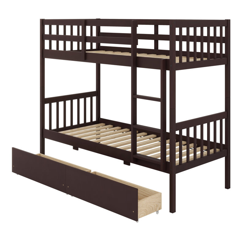 Lit superposé en bois avec 2 tiroirs, avec échelle et garde-corps, convertible en 2 lits, Espresso