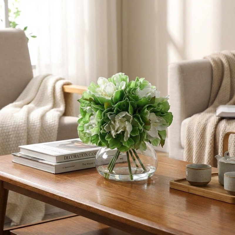 Fleurs artificielles vertes avec vase en verre, fausses fleurs dans un vase pour la décoration intérieure, centres de table, décoration de comptoir de salle de bain