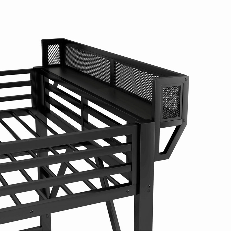 Lit mezzanine avec bureau et station de charge, lit mezzanine en métal avec bande lumineuse et escalier pour enfants, adolescents, adultes