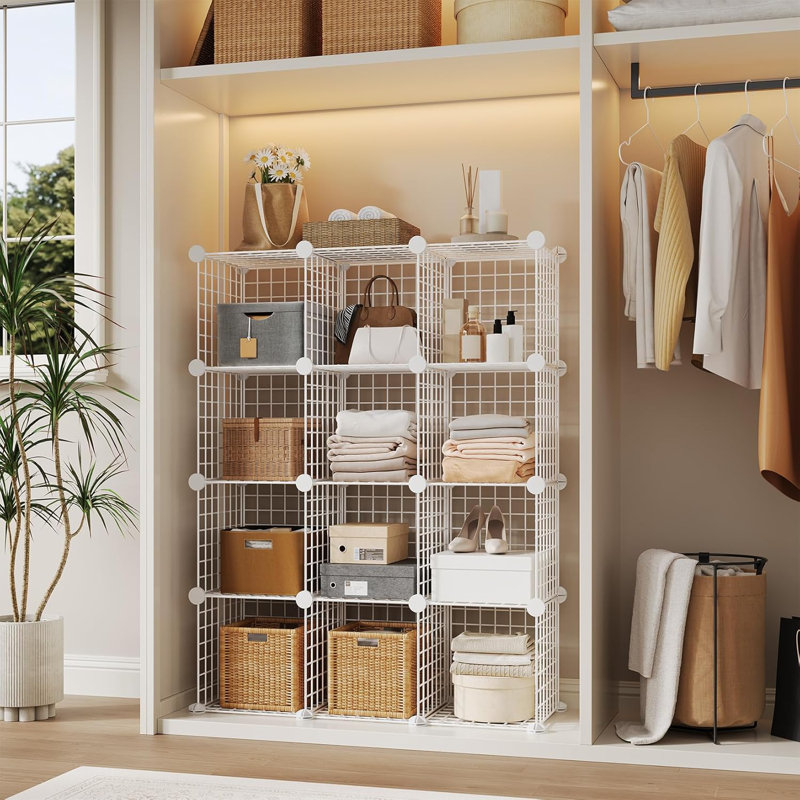 12-Cube Metal Grid Storage Organizer - Modular Wire Cube Shelf Unit, 37.4”l x 12.6”w x 48.8”h, Versatile Closet Cabinet & Bookshelf for Bedroom, Office, Entryway